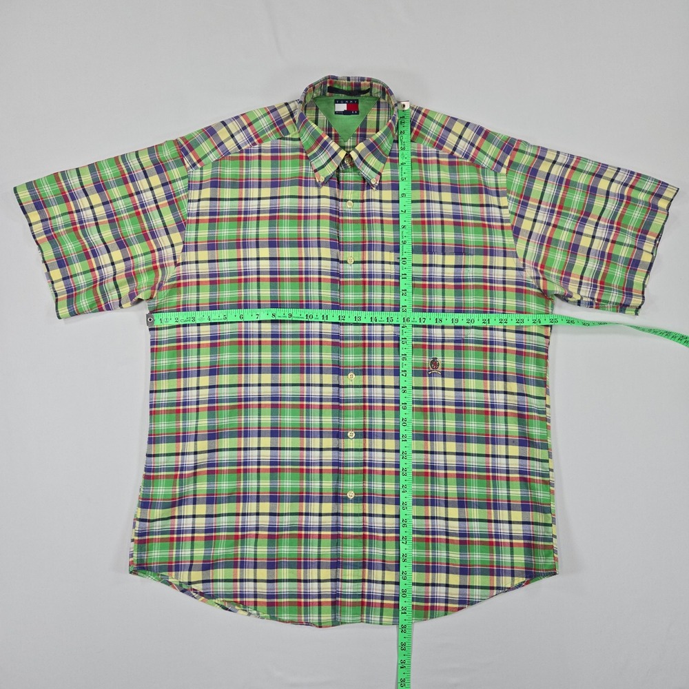 Vintage Tommy Hilfiger Shirt Mens L Green Red Blue Plaid Crest Logo Preppy Y2K - Picture 5 of 9